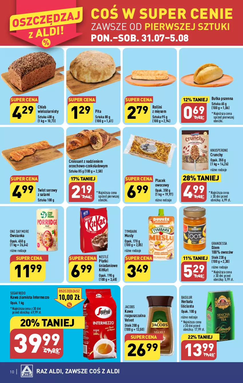 Gazetka promocyjna Aldi - Pełna oferta - ważna 31.07 do 05.08.2023 - strona 10 - produkty: Bułka, Chleb, Chleb wieloziarnisty, Croissant, Danio, Dżem, Gra, Herbata, Jacobs, Kawa, Kawa rozpuszczalna, Kawa ziarnista, Mus, Nestlé, Owsianka, Salami, Segafredo, Ser, Tymbark, Velvet