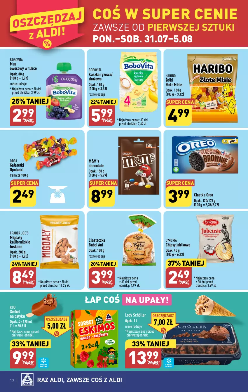 Gazetka promocyjna Aldi - Pełna oferta - ważna 31.07 do 05.08.2023 - strona 12 - produkty: BoboVita, Chipsy, Ciastka, Gala, Galaretki, Haribo, Lanki, Lody, Migdały, Mus, Oreo, Ryż