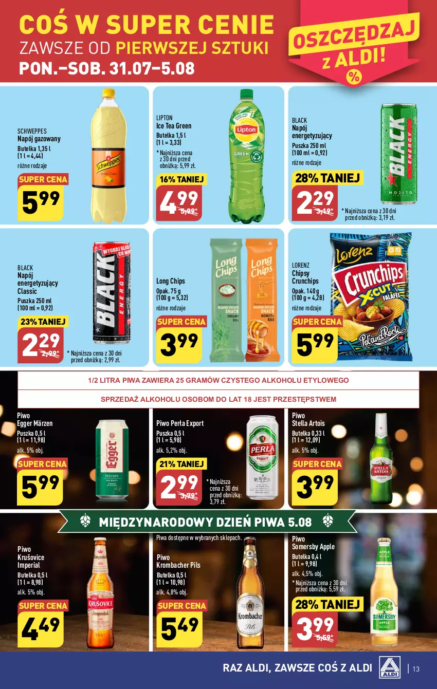 Gazetka promocyjna Aldi - Pełna oferta - ważna 31.07 do 05.08.2023 - strona 13 - produkty: Chipsy, Crunchips, Gra, Ice tea, Lack, Lipton, Lorenz, Napój, Napój gazowany, Perła, Piwa, Piwo, Por, Schweppes, Somersby