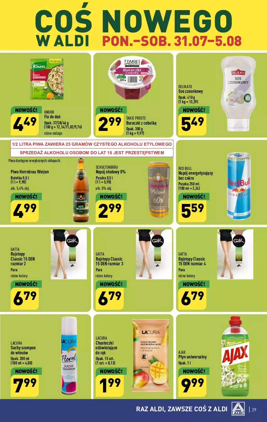 Gazetka promocyjna Aldi - Pełna oferta - ważna 31.07 do 05.08.2023 - strona 29 - produkty: Ajax, Buraczki, Chusteczki, Gatta, Gra, Knorr, Napój, Piwa, Piwo, Rajstopy, Red Bull, Sos, Sos czosnkowy, Suchy szampon, Szampon, Top