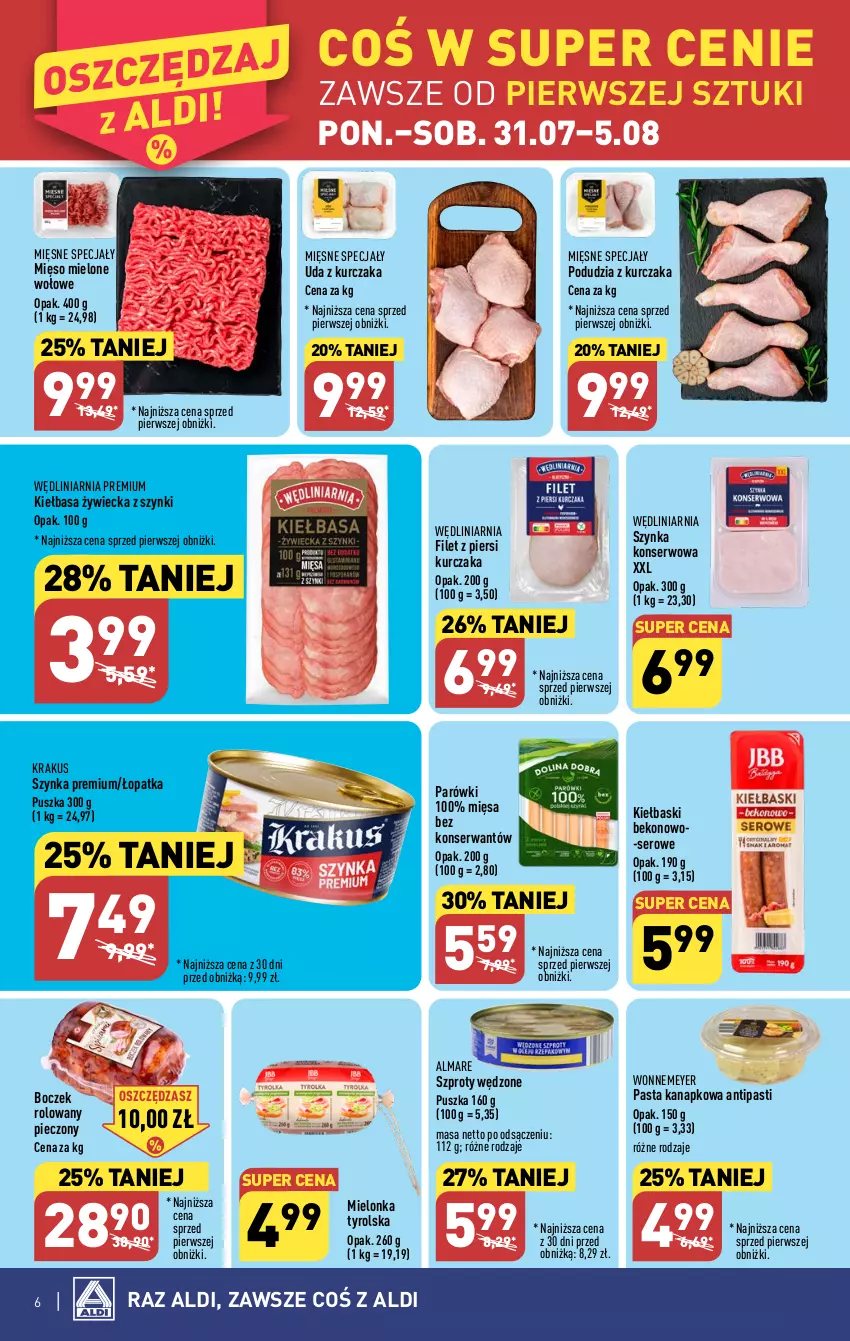 Gazetka promocyjna Aldi - Pełna oferta - ważna 31.07 do 05.08.2023 - strona 6 - produkty: Beko, Boczek, Filet z piersi kurczaka, Kiełbasa, Krakus, Kurczak, Mielonka tyrolska, Mięsne specjały, Mięso, Mięso mielone, Parówki, Piec, Ser, Szprot, Szynka, Szynka konserwowa, Szynka premium