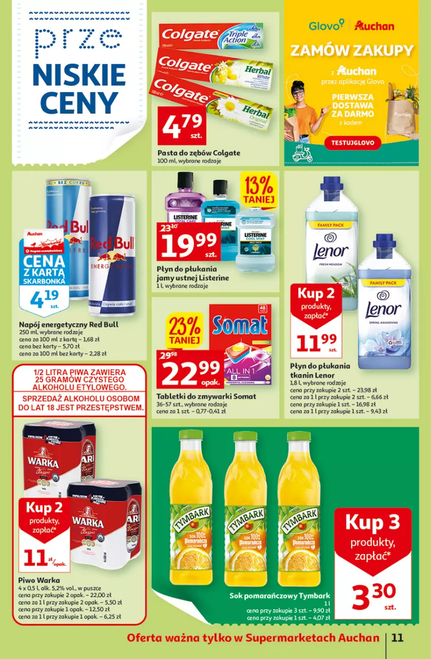 Gazetka promocyjna Auchan - Gazetka przeNISKIE CENY – przeKorzyści z markami Auchan Supermarkety - ważna 29.09 do 05.10.2022 - strona 11 - produkty: Colgate, Gra, Lenor, LG, Listerine, Napój, Napój energetyczny, Piwa, Piwo, Płyn do płukania, Red Bull, Ryż, Sok, Sok pomarańczowy, Somat, Tablet, Tabletki do zmywarki, Tymbark, Warka, Zmywarki