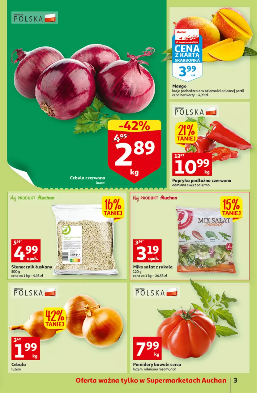 Gazetka promocyjna Auchan - Gazetka przeNISKIE CENY – przeKorzyści z markami Auchan Supermarkety - ważna 29.09 do 05.10.2022 - strona 3 - produkty: Cebula, Cebula czerwona, Mango, Papryka, Papryka podłużna, Pomidory, Sałat, Ser