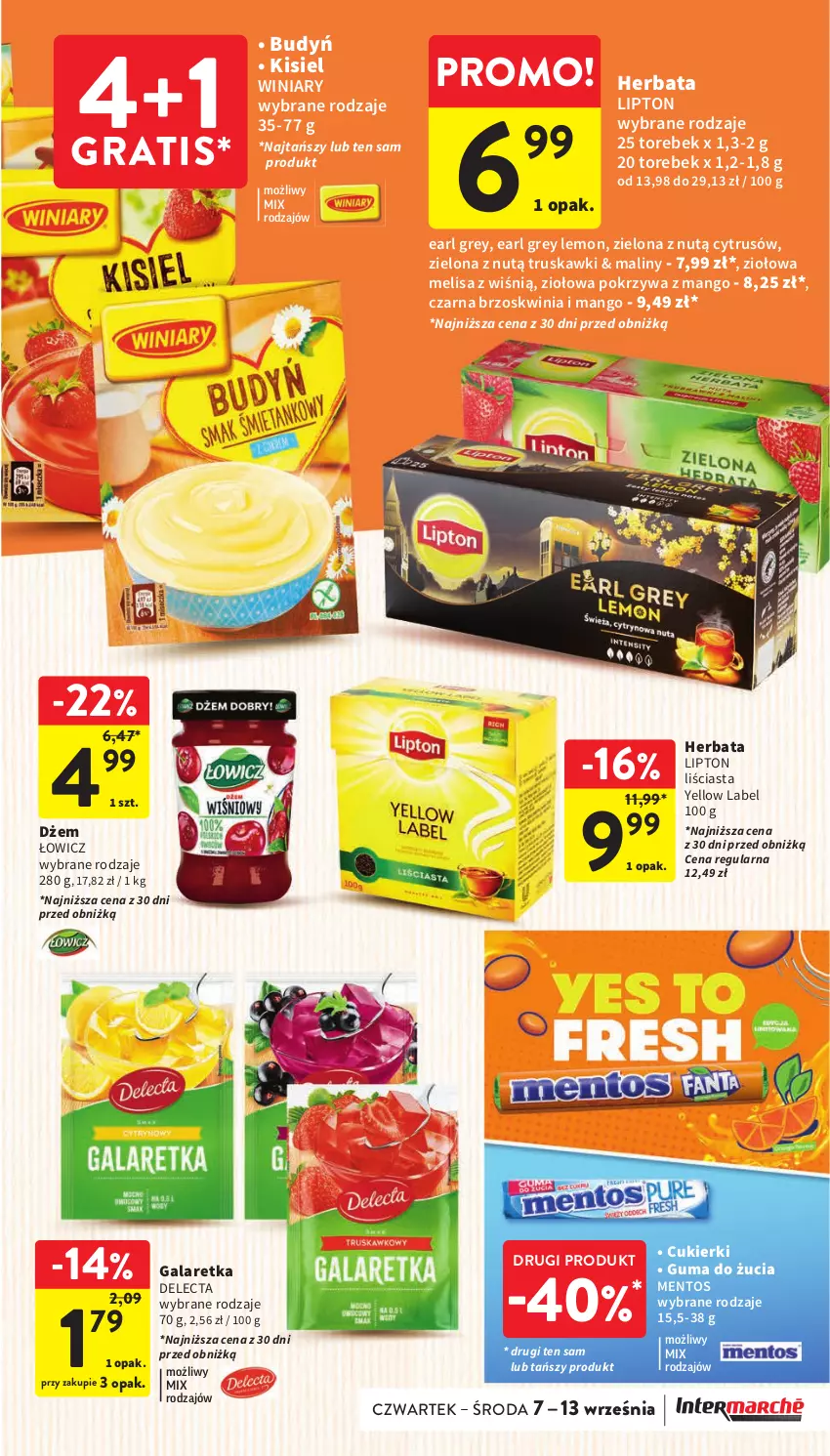 Gazetka promocyjna Intermarche - Gazetka Intermarche - ważna 07.09 do 13.09.2023 - strona 25 - produkty: Budyń, Cukier, Cukierki, Delecta, Dżem, Earl Grey, Gala, Galaretka, Gra, Guma do żucia, Herbata, Kisiel, Lipton, Maliny, Mango, Mentos, Truskawki, Winiary