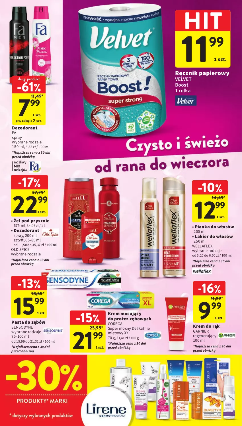 Gazetka promocyjna Intermarche - Gazetka Intermarche - ważna 07.09 do 13.09.2023 - strona 32 - produkty: Corega, Dezodorant, Fa, Garnier, Krem do rąk, Lakier, Lakier do włosów, Old Spice, Papier, Pasta do zębów, Pianka do włosów, Ręcznik, Sensodyne, Velvet, Wella, Wellaflex