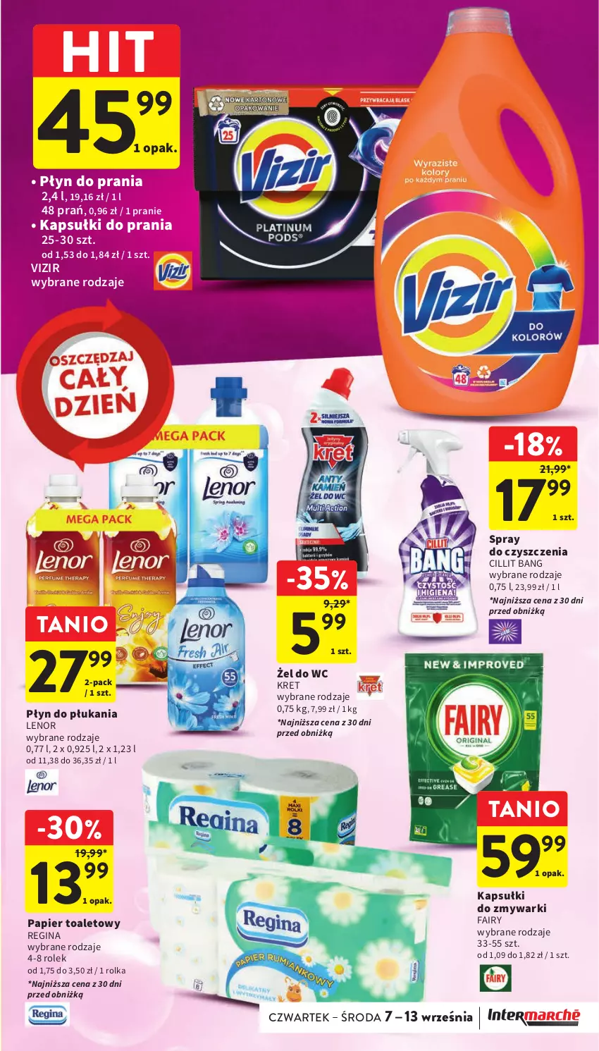 Gazetka promocyjna Intermarche - Gazetka Intermarche - ważna 07.09 do 13.09.2023 - strona 33 - produkty: Cillit Bang, Fa, Fairy, Gin, Kapsułki do prania, Kret, Lenor, Papier, Papier toaletowy, Płyn do płukania, Płyn do prania, Spray do czyszczenia, Vizir, Zmywarki