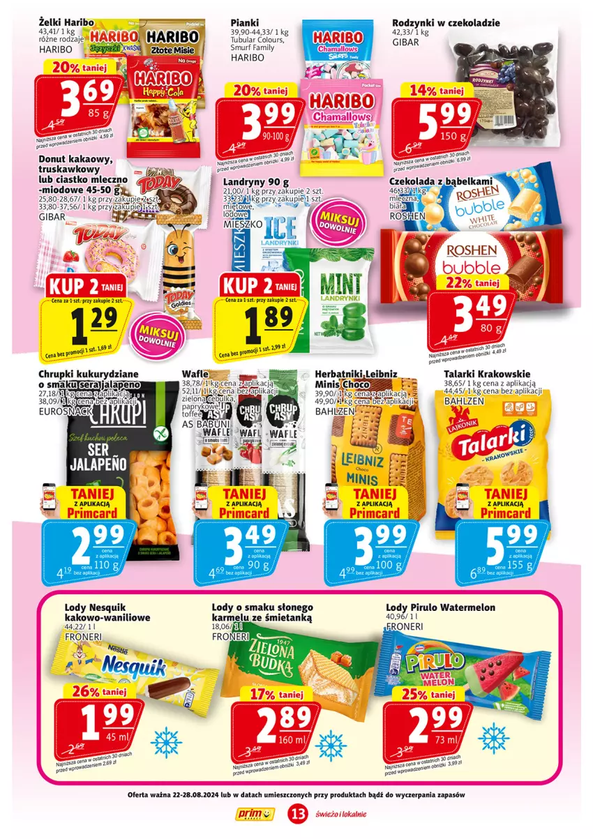 Gazetka promocyjna Prim Market - ważna 22.08 do 28.08.2024 - strona 13 - produkty: Babuni, Chrupki, Donut, Fa, Hama, Haribo, Herbatniki, Kakao, Lody, Melon, Nesquik, Rodzynki, Ser, Wafle