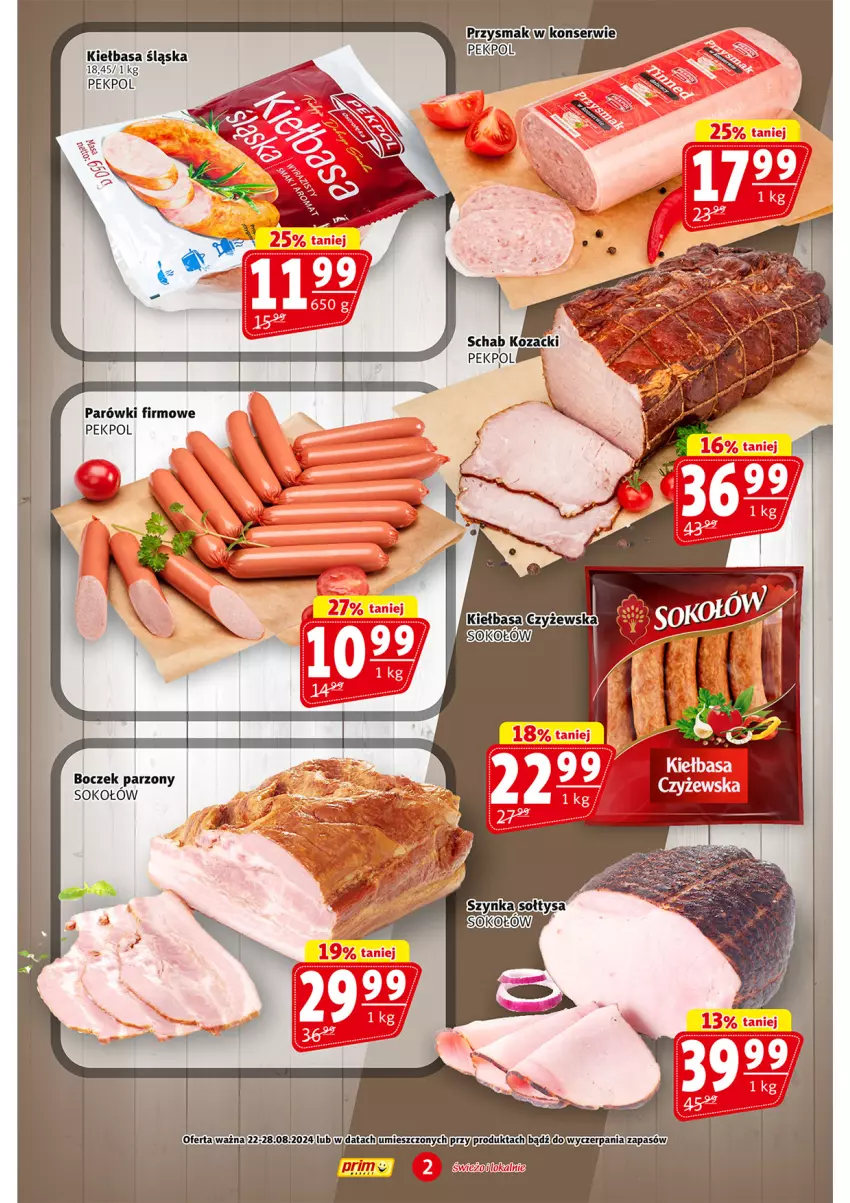 Gazetka promocyjna Prim Market - ważna 22.08 do 28.08.2024 - strona 2 - produkty: Boczek, Kiełbasa, Kiełbasa śląska, Parówki, Pekpol, Sok, Sokołów