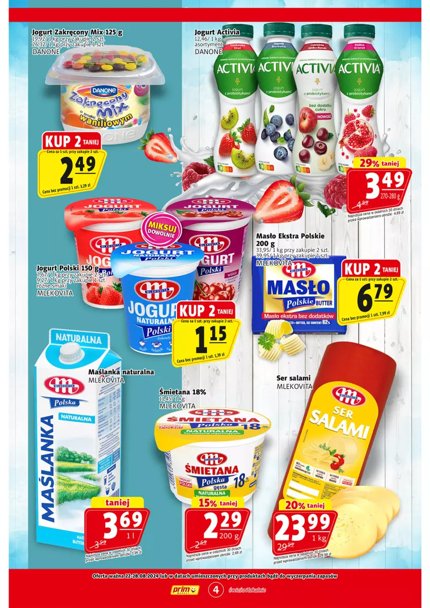 Gazetka promocyjna Prim Market - ważna 22.08 do 28.08.2024 - strona 4 - produkty: Danone, Jogurt, Maślanka, Masło, Mleko, Mlekovita, Salami, Ser, Ser salami