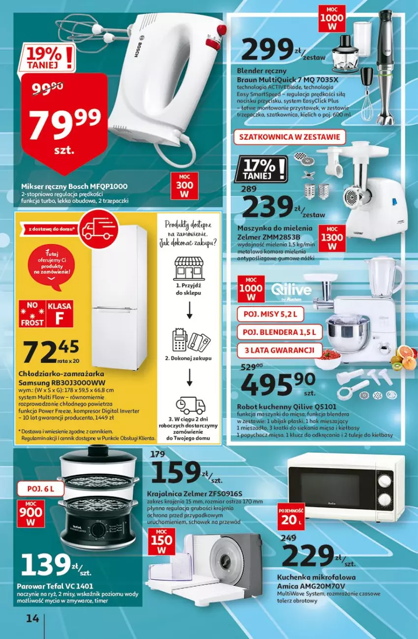 Gazetka promocyjna Auchan - Przygotuj się do Świąt Hipermarkety - ważna 18.03 do 24.03.2021 - strona 14 - produkty: Amica, Blender, Blender ręczny, Bosch, Braun, Fa, Kompresor, Kuchenka mikrofalowa, Maszynka, Maszynka do mielenia, Mięso, Mikser, Mikser ręczny, Przewód, Robot, Samsung, Ser, Szatkownica, Szynka, Talerz, Tefal, Top, Trzepaczka, Zelmer