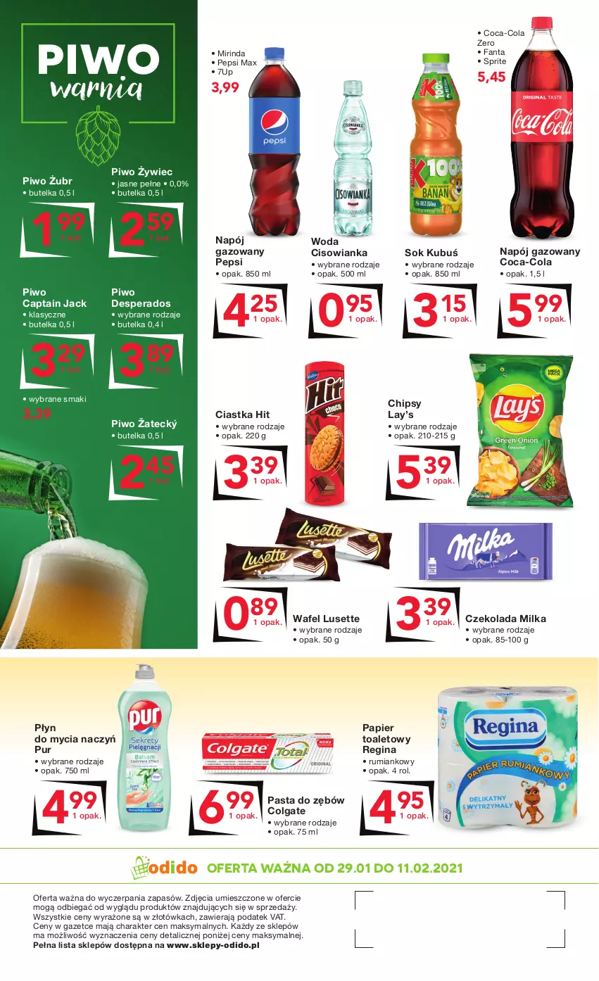 Gazetka promocyjna Odido - Kupuj ulubione - ważna 29.01 do 11.02.2021 - strona 4 - produkty: 7up, Captain Jack, Chipsy, Ciastka, Cisowianka, Coca-Cola, Colgate, Czekolada, Desperados, Do mycia naczyń, Fa, Fanta, Gin, Kubuś, Lay’s, LG, Milka, Mirinda, Napój, Napój gazowany, Papier, Papier toaletowy, Pasta do zębów, Pepsi, Pepsi max, Piwo, Płyn do mycia, Płyn do mycia naczyń, Pur, Rum, Sok, Sprite, Woda