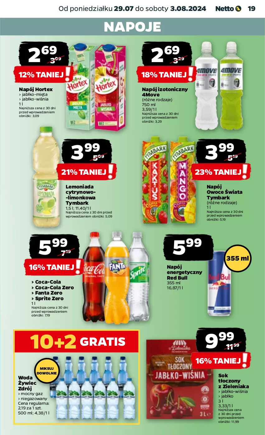 Gazetka promocyjna Netto - Artykuły spożywcze - ważna 29.07 do 03.08.2024 - strona 19 - produkty: Coca-Cola, Fa, Fanta, Gra, Hortex, Lemoniada, Mięta, Napój, Napój energetyczny, Napój izotoniczny, Napoje, Owoce, Red Bull, Sok, Sprite, Tymbark, Woda