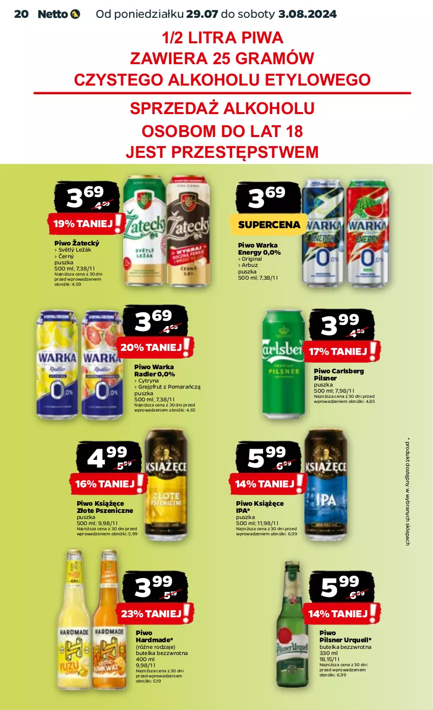 Gazetka promocyjna Netto - Artykuły spożywcze - ważna 29.07 do 03.08.2024 - strona 20 - produkty: Arbuz, Carlsberg, Gin, Goal, Gra, Grejpfrut, Książęce, Pilsner Urquell, Piwa, Piwo, Radler, STP, Warka