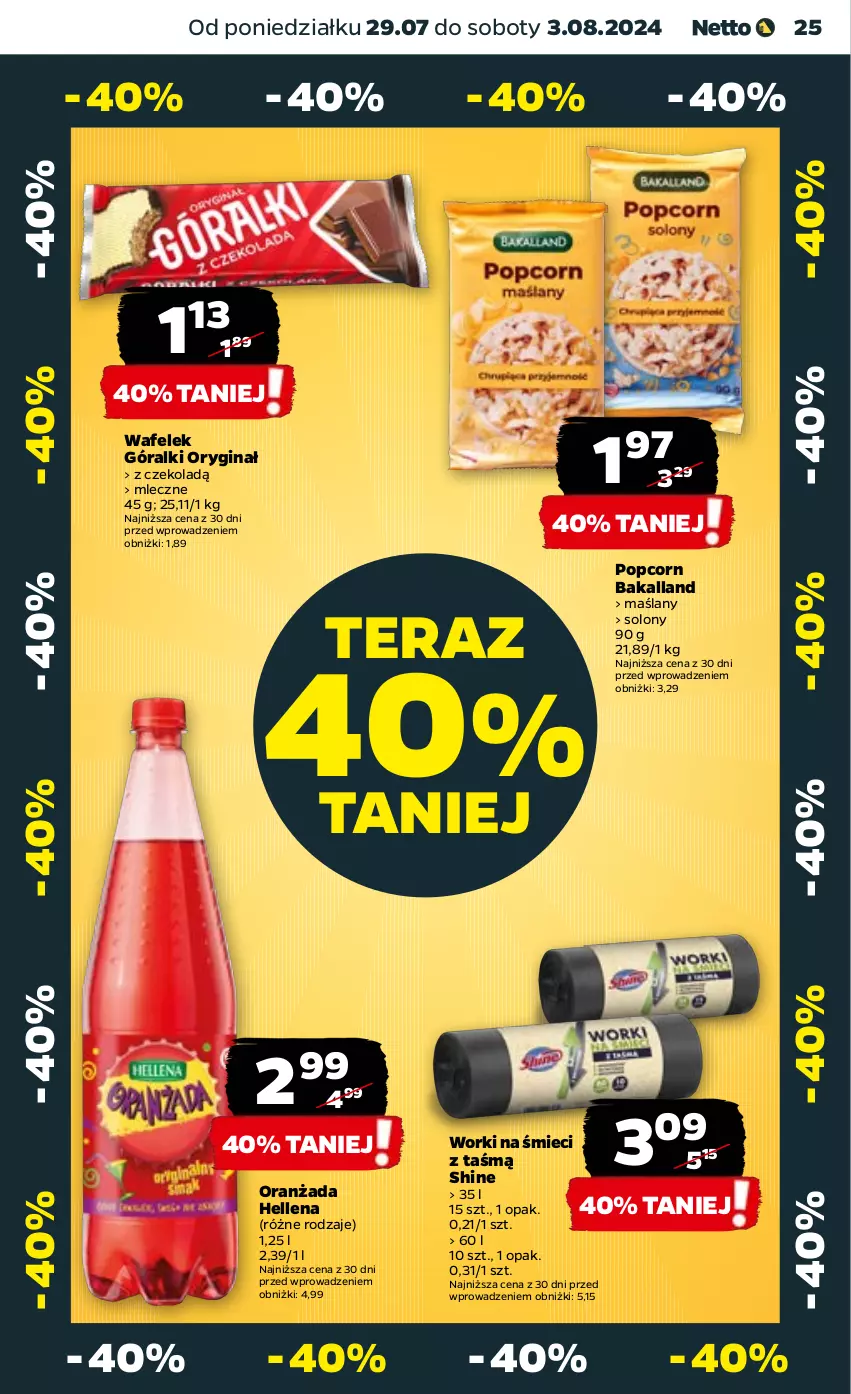 Gazetka promocyjna Netto - Artykuły spożywcze - ważna 29.07 do 03.08.2024 - strona 25 - produkty: Bakalland, Gin, Góralki, Hellena, Oranżada, Popcorn, Tera, Wafelek, Worki na śmiec, Worki na śmieci