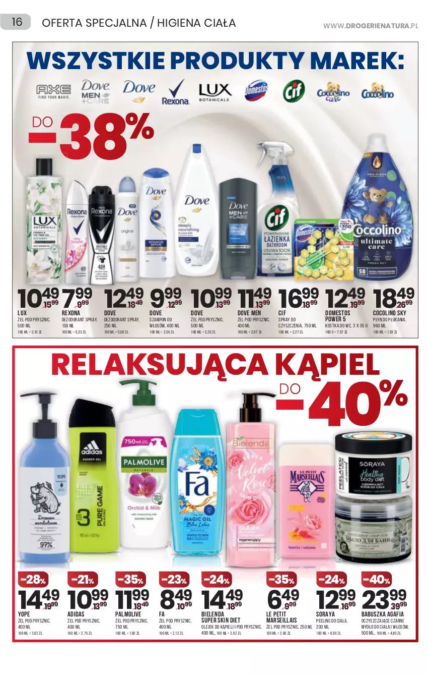 Gazetka promocyjna Drogerie Natura - Gazetka Drogerie Natura - ważna 02.12 do 15.12.2021 - strona 16 - produkty: Adidas, Bielenda, Cif, Dezodorant, Domestos, Dove, Fa, Kostka do wc, Mars, Mydło, Olej, Palmolive, Peeling, Płyn do płukania, Rexona, Spray do czyszczenia, Szampon, Yope