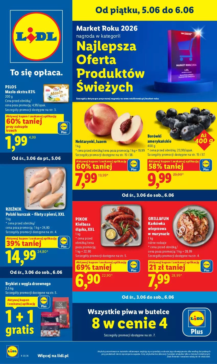 Gazetka promocyjna Lidl - Gazetka ważna od 5.06 do 6.06 - ważna 05.06 do 06.06.2026 - strona 1 - produkty: Gra, Grill, Karkówka wieprzowa, Kiełbasa, Kiełbasa śląska, Kurczak, Masło, Nektar, PIKOK, Pilos, Piwa
