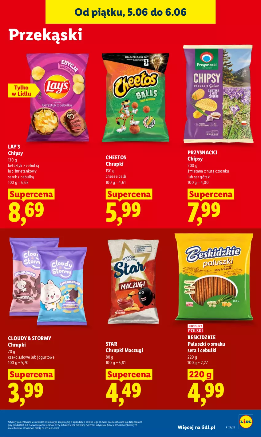 Gazetka promocyjna Lidl - Gazetka ważna od 5.06 do 6.06 - ważna 05.06 do 06.06.2026 - strona 75 - produkty: Beskidzki, Beskidzkie paluszki, Cheetos, Chipsy, Chrupki, Jogurt, Lay’s, Przysnacki, Ser, Serek