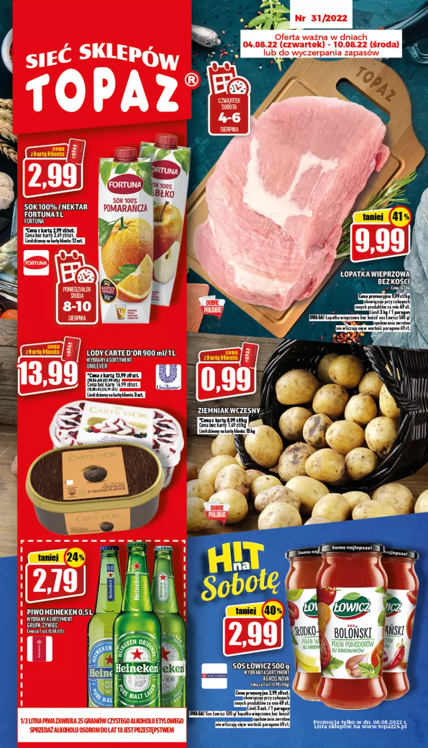 Gazetka promocyjna Topaz - Gazetka - ważna 04.08 do 10.08.2022 - strona 1 - produkty: Fortuna, Heineken, Lody, Nektar, Piwo, Ser, Top