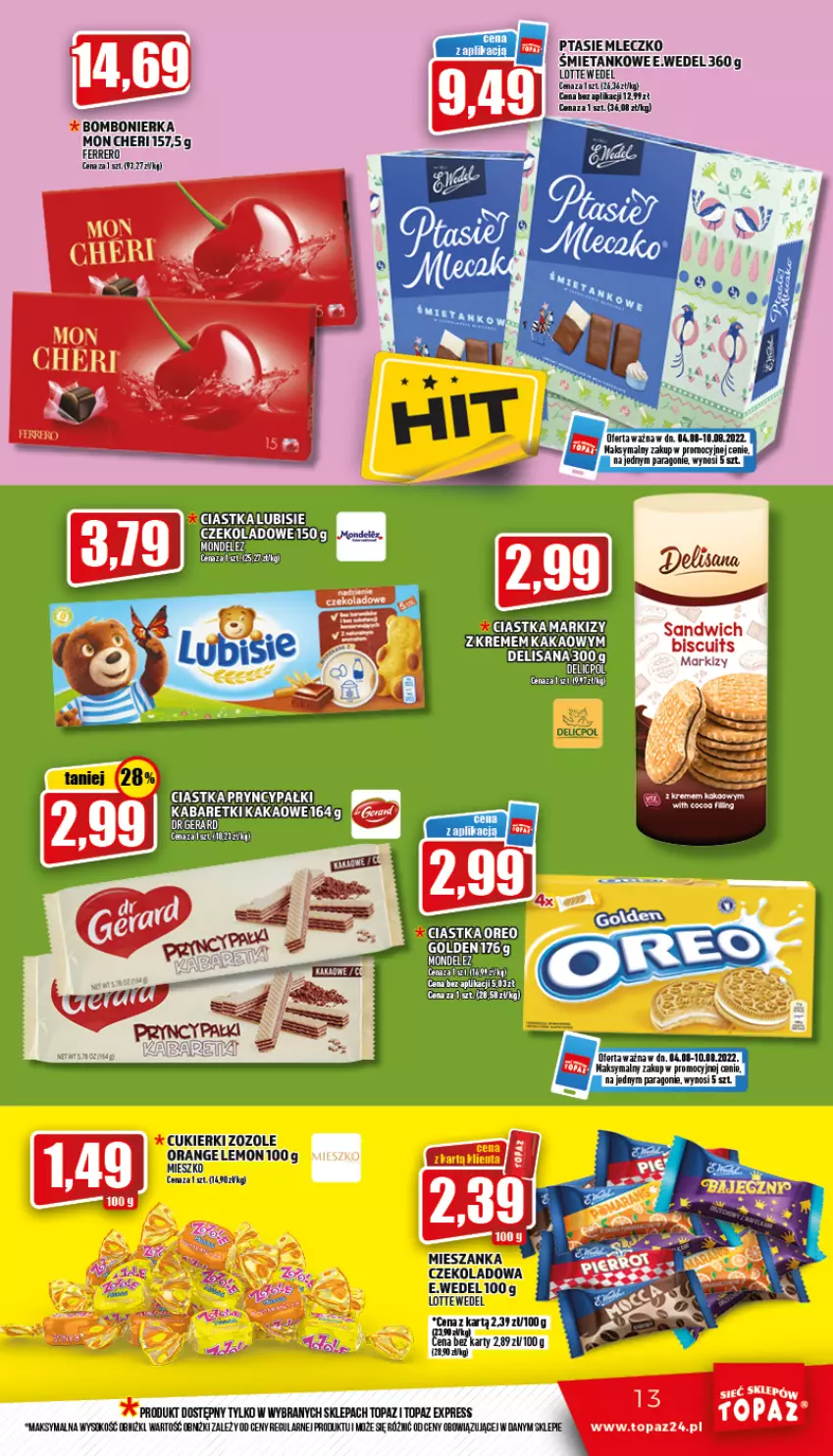 Gazetka promocyjna Topaz - Gazetka - ważna 04.08 do 10.08.2022 - strona 13 - produkty: Cukier, Cukierki, Ferrero, Kosz, Mleczko, Sok, Top