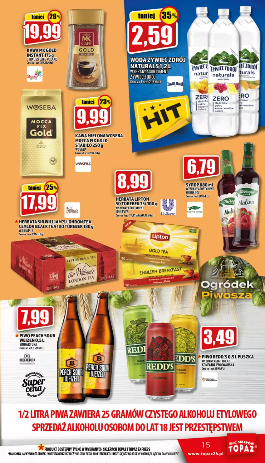 Gazetka promocyjna Topaz - Gazetka - ważna 04.08 do 10.08.2022 - strona 15 - produkty: Fa, Herbata, Kawa, Kawa mielona, Lack, LG, Lipton, Mocca Fix Gold, Piwo, Sok, Syrop, Top, Woda, Woseba