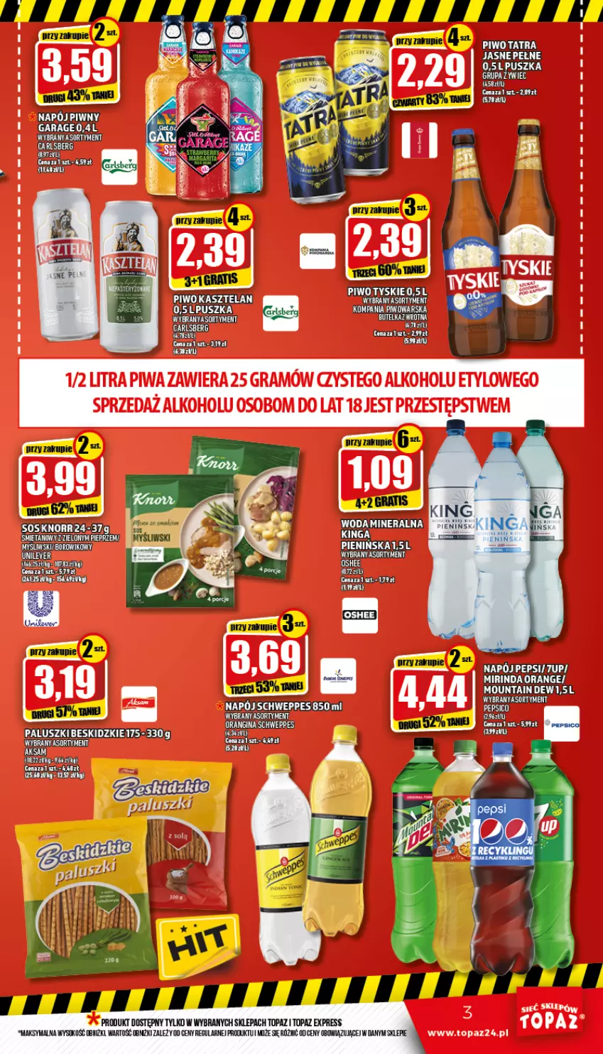 Gazetka promocyjna Topaz - Gazetka - ważna 04.08 do 10.08.2022 - strona 3 - produkty: Beskidzki, Carlsberg, Gin, Knorr, Mirinda, Napój, Olej, Pepsi, Pieprz, Schweppes, Sok, Top