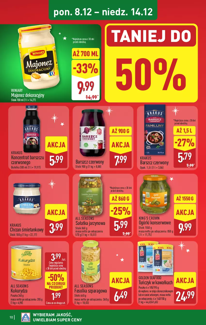 Gazetka promocyjna Aldi - Pełna oferta - ważna 08.12 do 14.12.2025 - strona 10 - produkty: All Seasons, Chrzan, Fa, Golden Seafood, Kawa, King’s Crown, Krakus, Kukurydza, Majonez, Ogórki konserwowe, Olej, Sałat, Sałatka, Ser, Sos, Tuńczyk, Winiary