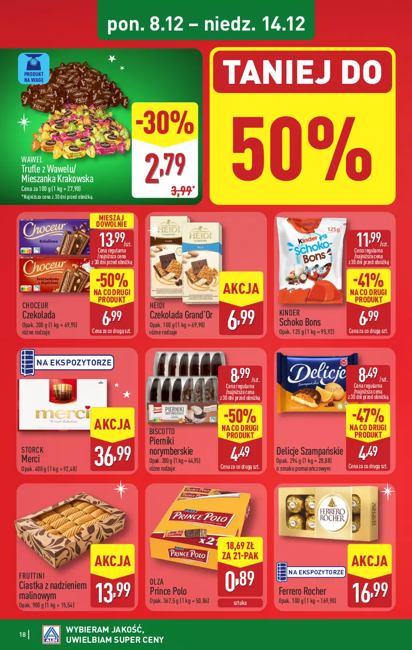 Gazetka promocyjna Aldi - Pełna oferta - ważna 08.12 do 14.12.2025 - strona 18 - produkty: Ciastka, Czekolada, Delicje, Ferrero, Ferrero Rocher, Gra, Kinder, Merci, Piernik, Prince Polo, Wawel