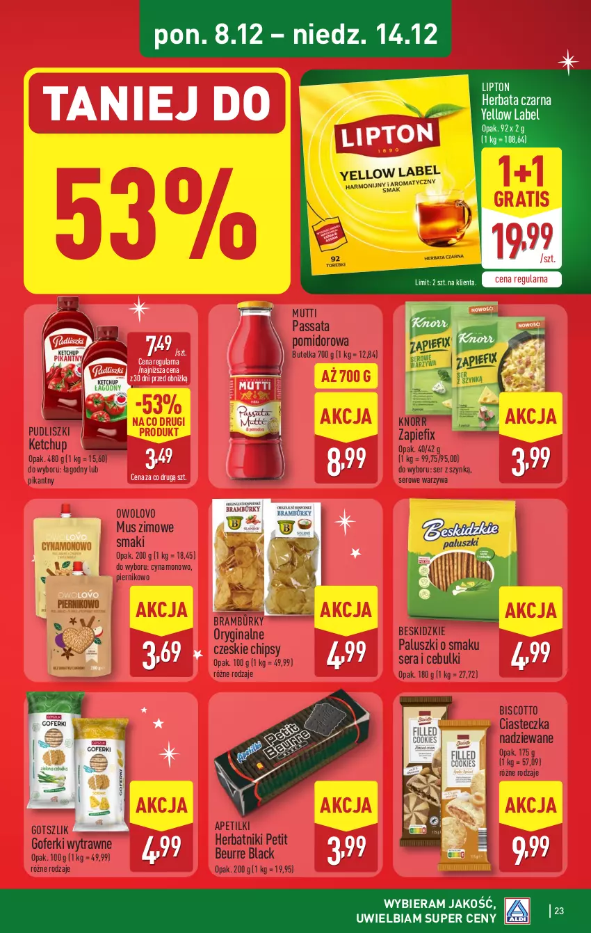 Gazetka promocyjna Aldi - Pełna oferta - ważna 08.12 do 14.12.2025 - strona 23 - produkty: Beskidzki, Beskidzkie paluszki, Chipsy, Gin, Gra, Herbata, Herbata czarna, Herbatniki, Herbatniki Petit Beurre, Ketchup, Knorr, Lack, Lipton, Mus, Piernik, Pudliszki, Ser, Warzywa