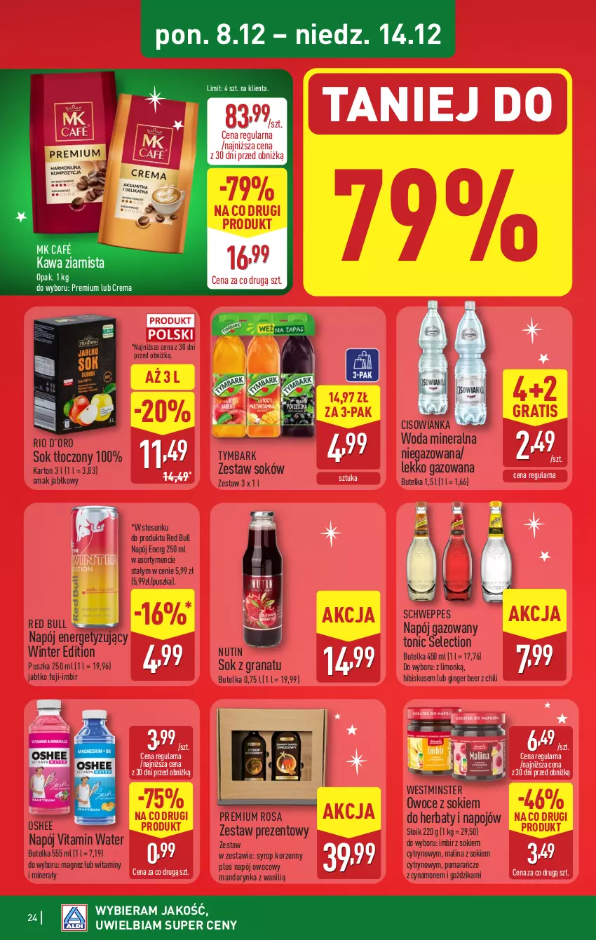 Gazetka promocyjna Aldi - Pełna oferta - ważna 08.12 do 14.12.2025 - strona 24 - produkty: Cisowianka, Gin, Gra, Granat, Hibiskus, Imbir, Kawa, Kawa ziarnista, Magnez, Napój, Napój gazowany, Oshee, Owoce, Pomarańcze, Red Bull, Schweppes, Sok, Syrop, Tymbark, Woda, Woda mineralna, Zestaw prezentowy