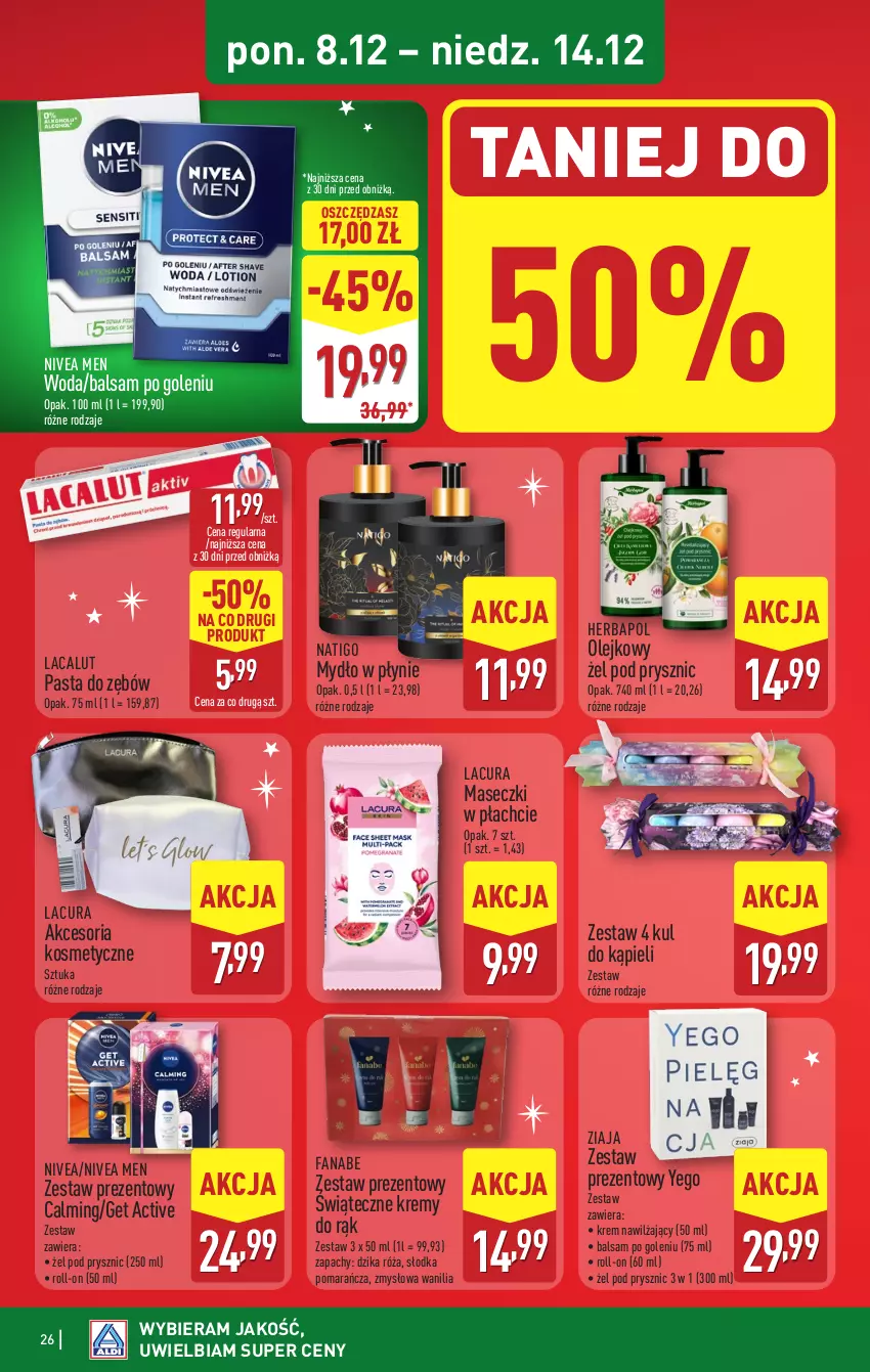 Gazetka promocyjna Aldi - Pełna oferta - ważna 08.12 do 14.12.2025 - strona 26 - produkty: Balsam po goleniu, Dzika róża, Fa, Herbapol, Krem nawilżający, Lacalut, Mydło, Mydło w płynie, Nivea, Nivea Men, Olej, Pasta do zębów, Róża, Woda, Zestaw prezentowy, Ziaja