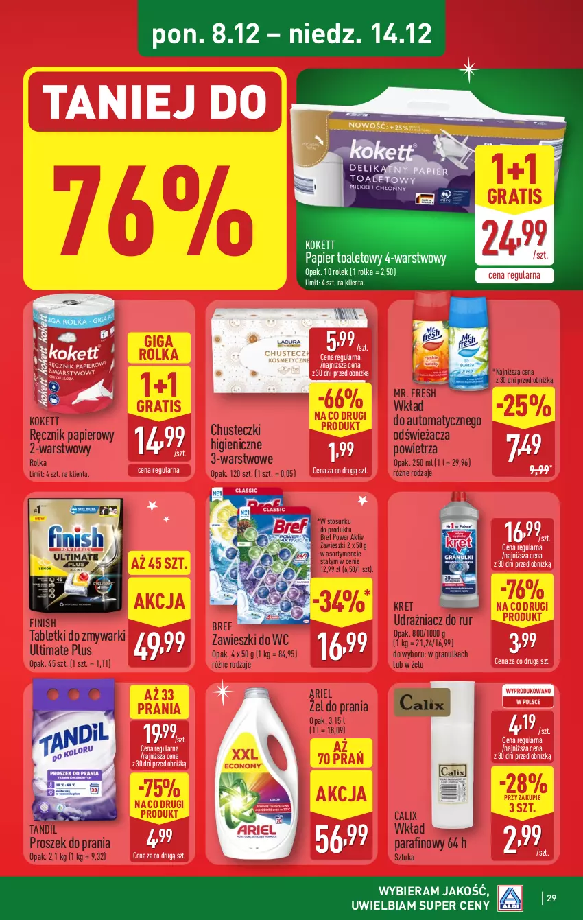 Gazetka promocyjna Aldi - Pełna oferta - ważna 08.12 do 14.12.2025 - strona 29 - produkty: Ariel, Bref, Chusteczki, Finish, Gra, Kret, Papier, Papier toaletowy, Proszek do prania, Ręcznik, Tablet, Tabletki do zmywarki, Zawieszki, Zmywarki