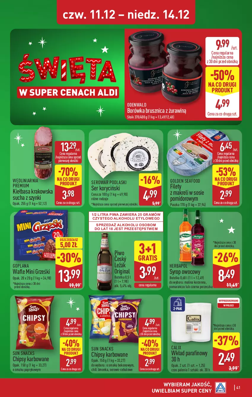 Gazetka promocyjna Aldi - Pełna oferta - ważna 08.12 do 14.12.2025 - strona 41 - produkty: Beko, Borówka, Borówka brusznica, Chipsy, Gin, Golden Seafood, Goplana, Gra, Grześki, Herbapol, Kiełbasa, Kiełbasa krakowska, LANA, Limonka, Mini Grześki, Piwa, Piwo, Podlaski, Por, Ser, Sos, Syrop, Wafle