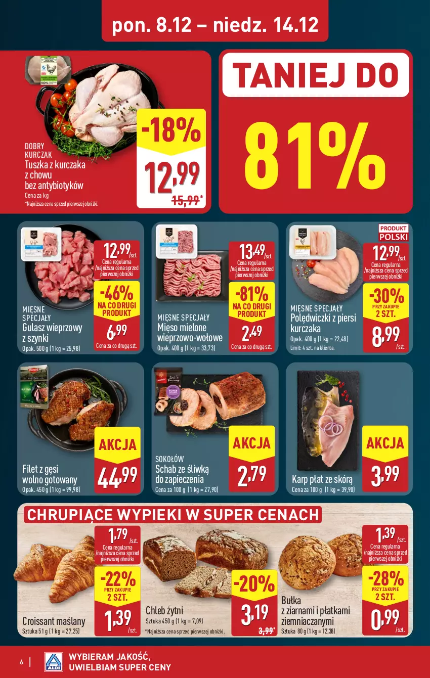 Gazetka promocyjna Aldi - Pełna oferta - ważna 08.12 do 14.12.2025 - strona 6 - produkty: Bułka, Chleb, Croissant, Karp, Kurczak, Mięsne specjały, Mięso, Mięso mielone, Piec, Sok, Sokołów, Tusz