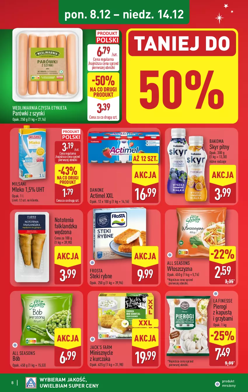 Gazetka promocyjna Aldi - Pełna oferta - ważna 08.12 do 14.12.2025 - strona 8 - produkty: Actimel, All Seasons, Bakoma, Danone, Fa, Frosta, Kapustą, Kurczak, Mleko, Nototenia, Parówki, Parówki z szynki, Pierogi, Stek