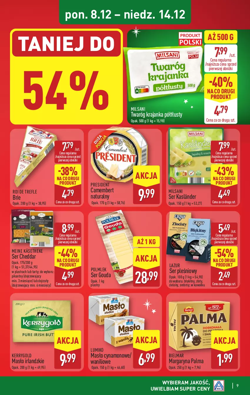 Gazetka promocyjna Aldi - Pełna oferta - ważna 08.12 do 14.12.2025 - strona 9 - produkty: Brie, Camembert, Cheddar, Gouda, Kawa, Lazur, Margaryna, Masło, Palma, POLMLEK, Ser, Ser pleśniowy, Twaróg