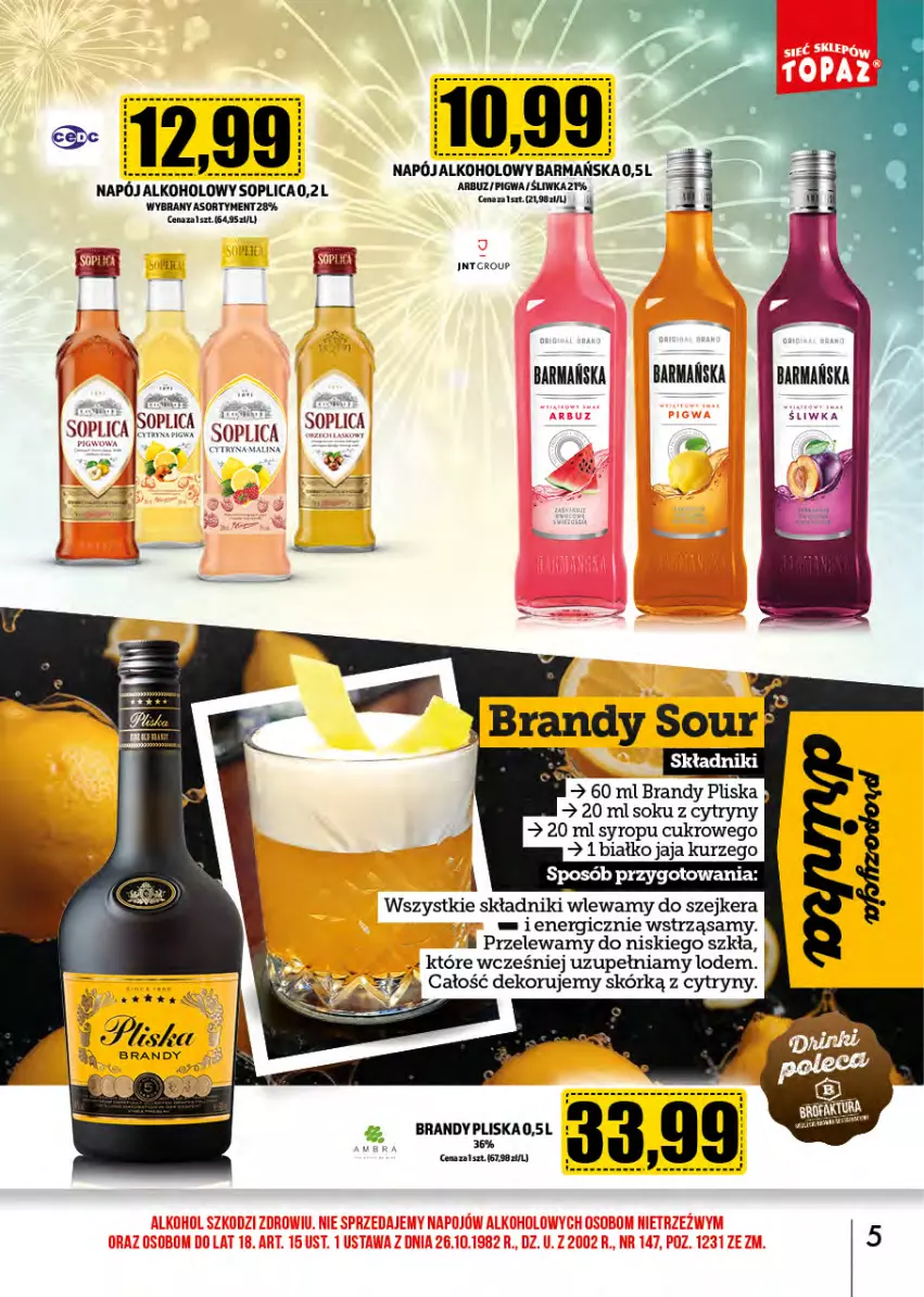 Gazetka promocyjna Topaz - Gazetka - ważna 01.01 do 31.01.2025 - strona 5 - produkty: Arbuz, Brandy, Cytryny, Jaja, Napój, Pliska, Sok, Soplica, Syrop, Szejker