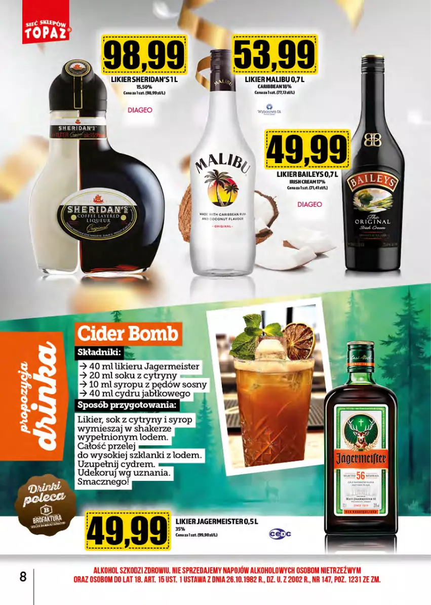 Gazetka promocyjna Topaz - Gazetka - ważna 01.01 do 31.01.2025 - strona 8 - produkty: Cytryny, Jagermeister, Lanki, Likier, Sok, Sos, Syrop