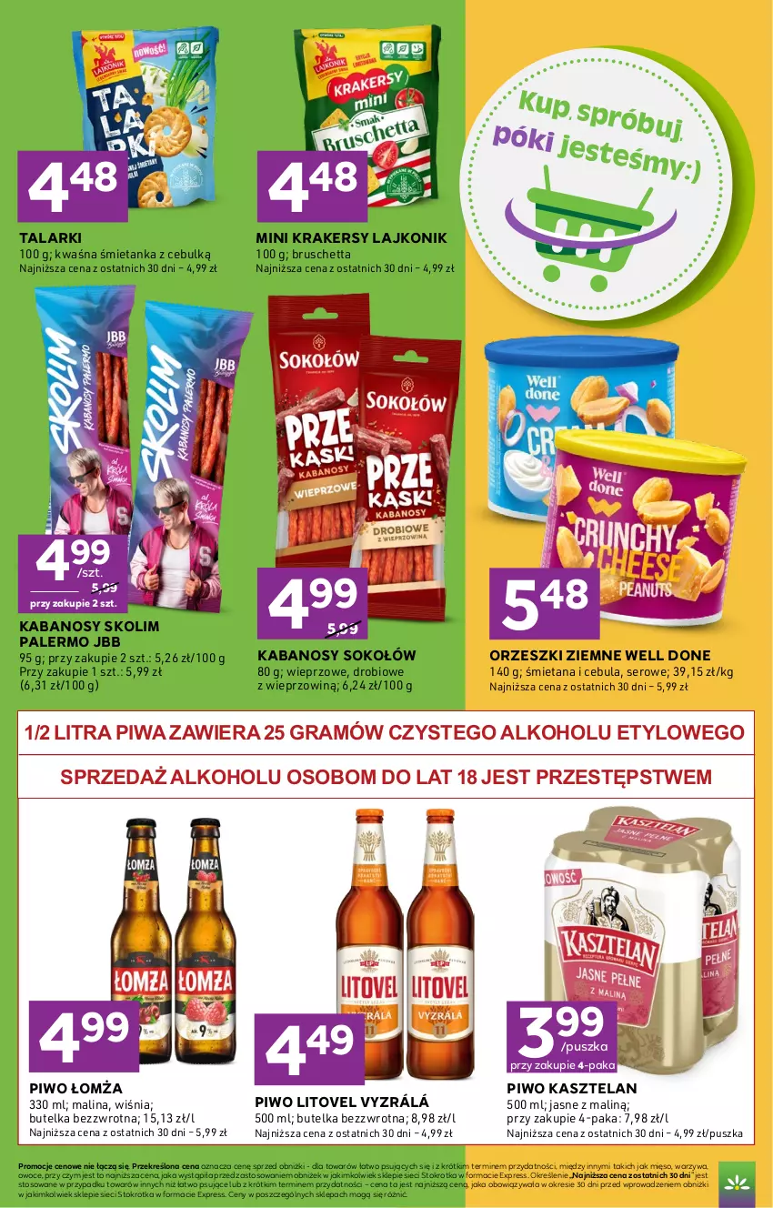 Gazetka promocyjna Stokrotka - Express - ważna 16.07 do 22.07.2026 - strona 6 - produkty: Cebula, Gra, Kabanos, Kasztelan, Krakersy, Lajkonik, Mięso, Orzeszki, Orzeszki ziemne, Owoce, Piwa, Piwo, Ser, Sok, Sokołów, Warzywa