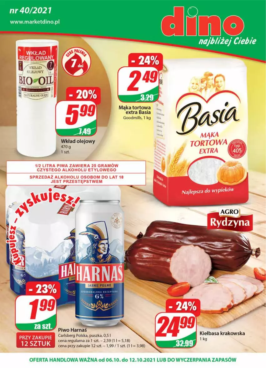 Gazetka promocyjna Dino - Gazetka - ważna 06.10 do 12.10.2021 - strona 1 - produkty: Basia, Carlsberg, Harnaś, JBL, Kiełbasa, Kiełbasa krakowska, Mąka, Mąka tortowa, Olej, Piwo, Wkład olejowy