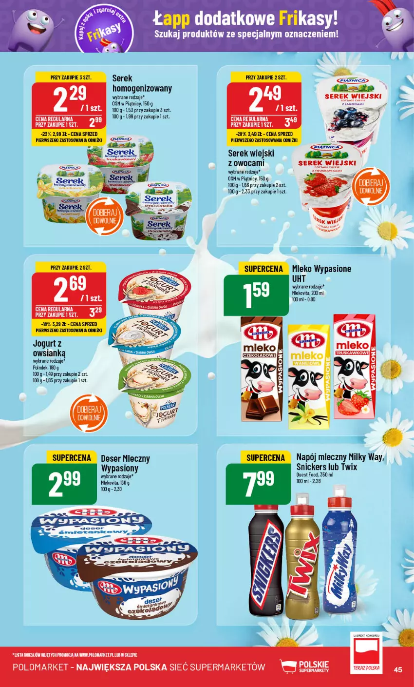 Gazetka promocyjna PoloMarket - Gazetka pomocyjna - ważna 28.08 do 03.09.2024 - strona 45 - produkty: Deser, Deser mleczny, Jogurt, Laur, Milky Way, Mleko, Mlekovita, Napój, Napój mleczny, POLMLEK, Ser, Serek, Serek wiejski, Snickers, Tera, Twix