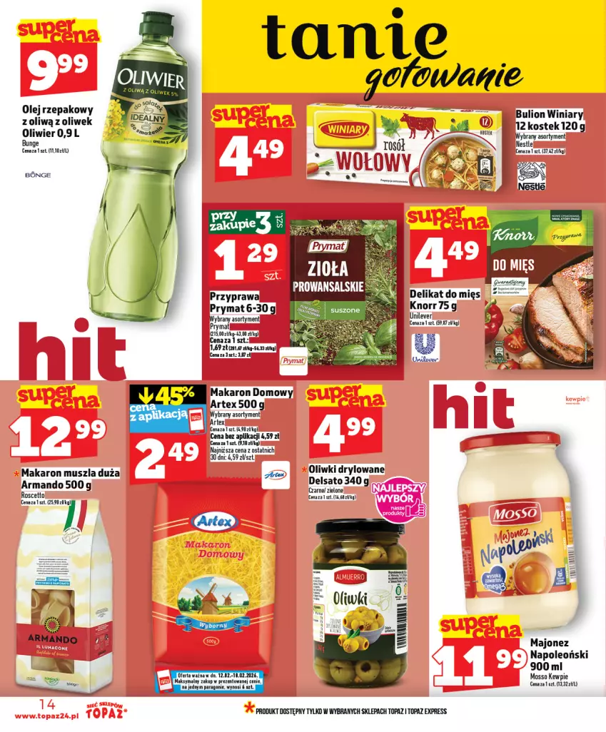Gazetka promocyjna Topaz - Gazetka - ważna 12.02 do 18.02.2026 - strona 14 - produkty: Bulion, Fa, Knorr, Lion, Makaron, Mus, Oleo, Oliwki, Prymat, Top, Winiary