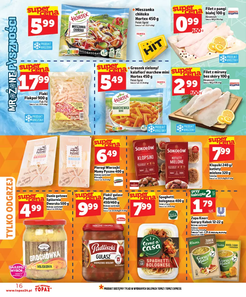 Gazetka promocyjna Topaz - Gazetka - ważna 12.02 do 18.02.2026 - strona 16 - produkty: Danie gotowe, Filet z pangi, Groszek, Hortex, Kalafior, Klopsiki, Knorr, Kotlet, Kubek, Ogród, Pierogi, Pudliszki, Spaghetti, Top, Zupa