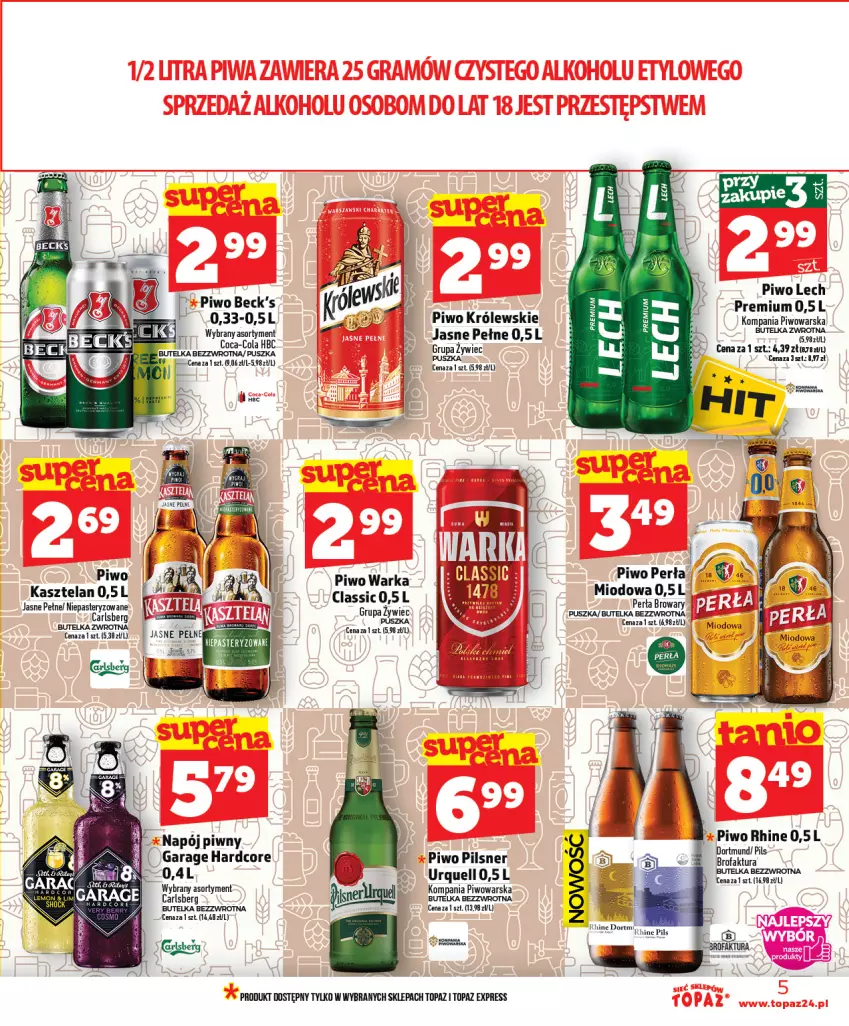 Gazetka promocyjna Topaz - Gazetka - ważna 12.02 do 18.02.2026 - strona 5 - produkty: Cars, Coca-Cola, Fa, Kasztelan, Królewski, Lech Premium, Napój, Perła, Pilsner Urquell, Piwo, Top, Warka