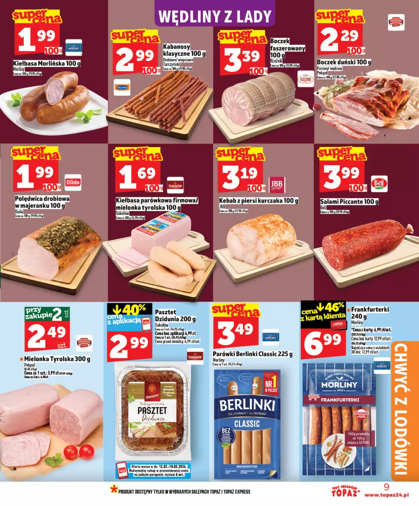 Gazetka promocyjna Topaz - Gazetka - ważna 12.02 do 18.02.2026 - strona 9 - produkty: Berlinki, Mielonka tyrolska, Parówki, Pasztet, Polędwica, Sok, Sokołów, Top