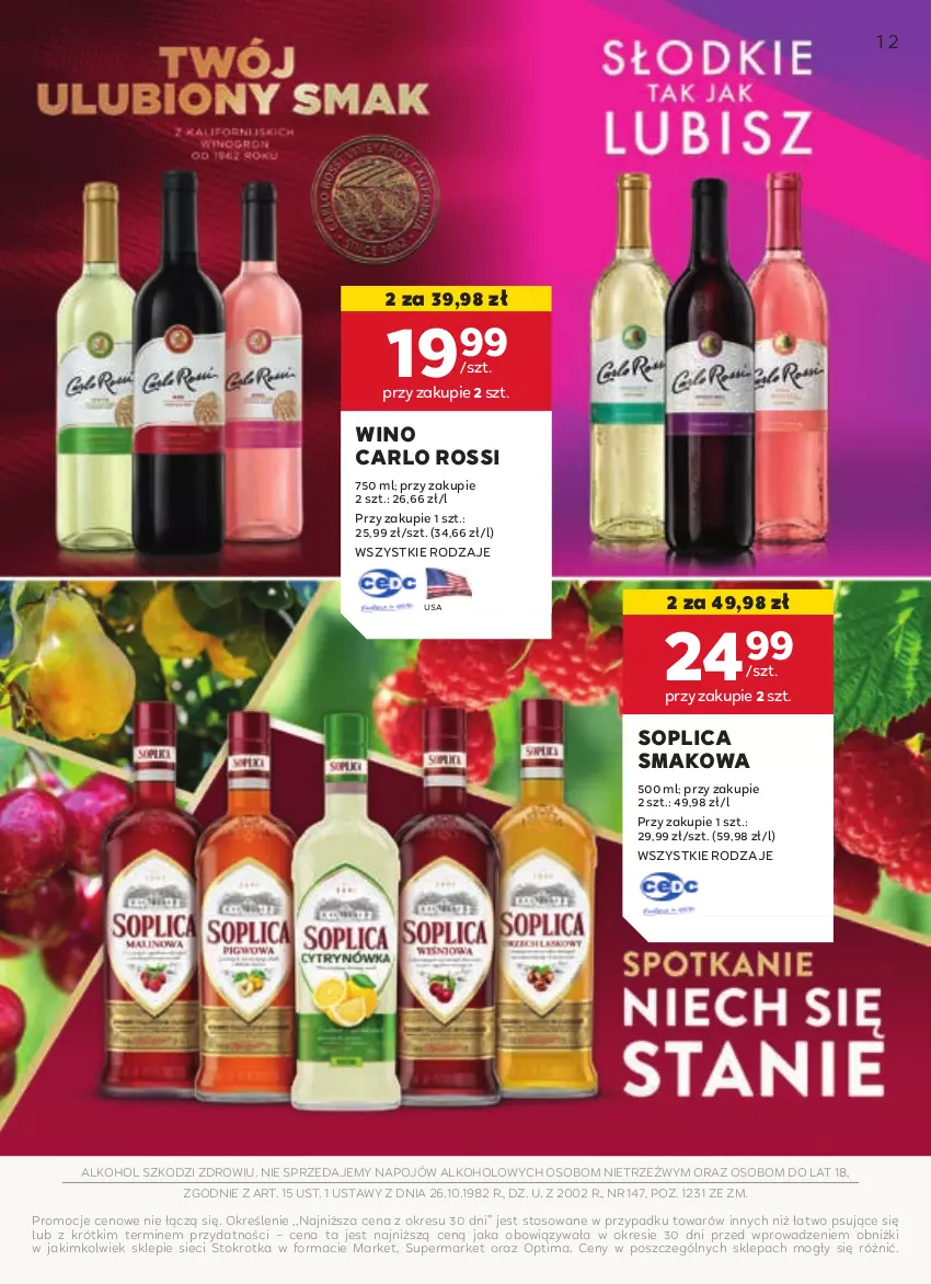 Gazetka promocyjna Stokrotka - Oferta alkoholowa - ważna 10.10 do 06.11.2024 - strona 12 - produkty: Carlo Rossi, Optima, Soplica, Wino