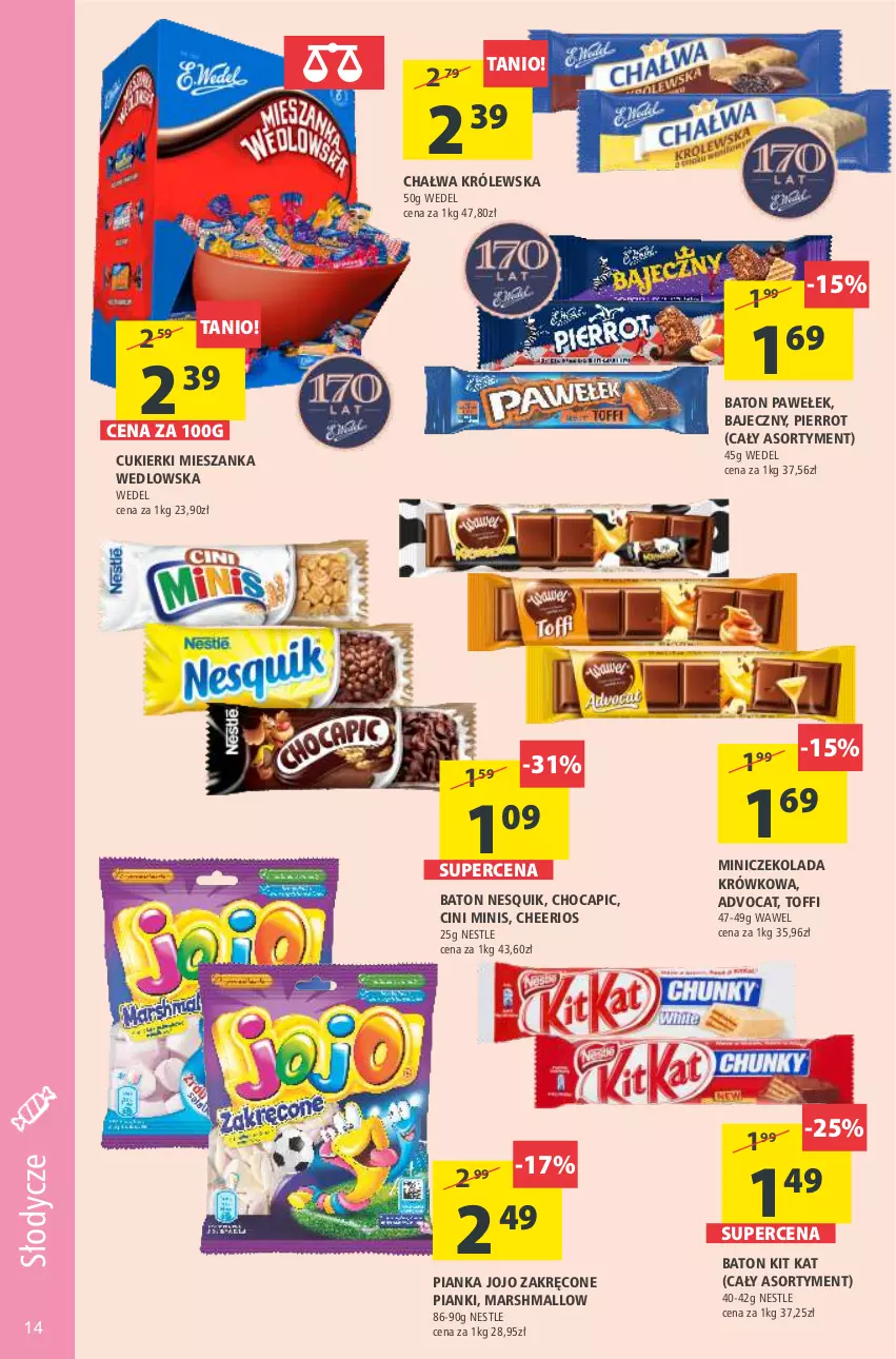 Gazetka promocyjna Arhelan - Dobry tydzień - ważna 29.01 do 07.02.2021 - strona 14 - produkty: Baton, Chałwa, Cheerios, Cini Minis, Cukier, Cukierki, Czekolada, Kit Kat, Mars, Mieszanka wedlowska, Nesquik, Wawel