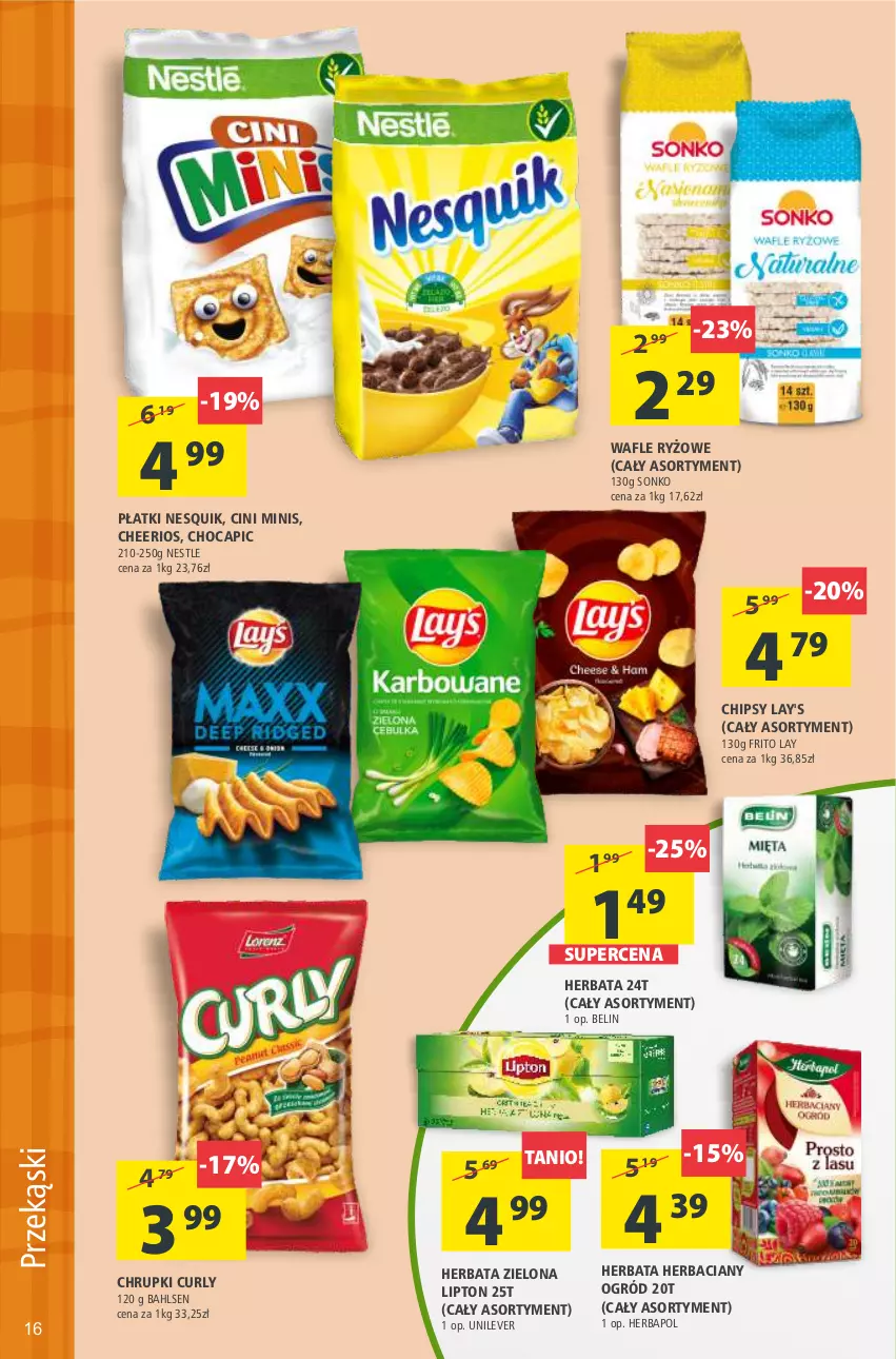 Gazetka promocyjna Arhelan - Dobry tydzień - ważna 29.01 do 07.02.2021 - strona 16 - produkty: Cheerios, Chipsy, Chrupki, Cini Minis, Herbapol, Herbata, Lipton, Nesquik, Ogród, Ryż, Sonko, Wafle