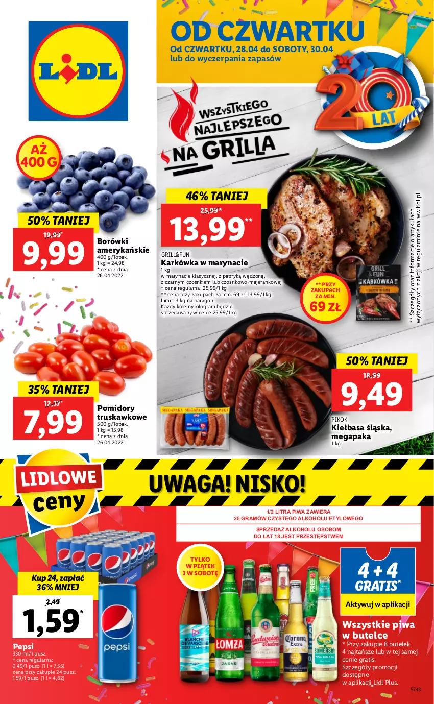 Gazetka promocyjna Lidl - GAZETKA - ważna 28.04 do 30.04.2022 - strona 1 - produkty: Gra, Grill, Kiełbasa, Kiełbasa śląska, Olej, Pepsi, PIKOK, Piwa, Pomidory, Waga