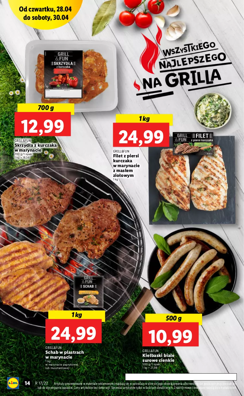 Gazetka promocyjna Lidl - GAZETKA - ważna 28.04 do 30.04.2022 - strona 14 - produkty: Filet z piersi kurczaka, Grill, Kiełbaski białe, Kurczak, Mus