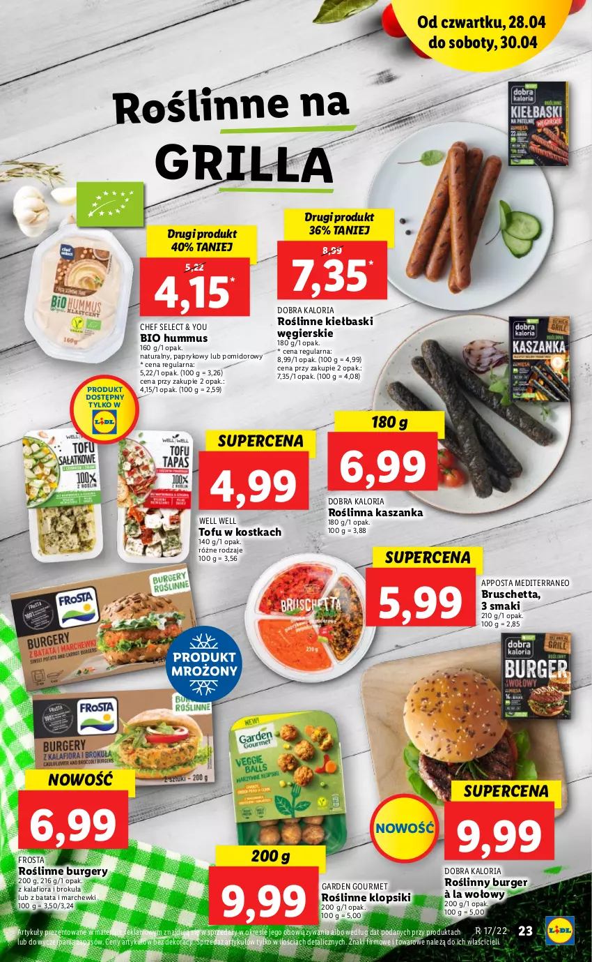 Gazetka promocyjna Lidl - GAZETKA - ważna 28.04 do 30.04.2022 - strona 23 - produkty: Burger, Frosta, Grill, Hummus, Kalafior, Kasza, Kaszanka, Klopsiki, Mus, Roślinne kiełbaski, Roślinny burger, Tofu